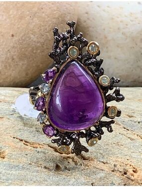Natural Amethyst Gemstone Coastal Sterling Silver & 14k Ring